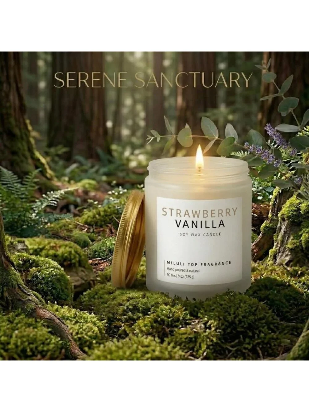 Strawberry Vanilla Aromatherapy Candle - 9oz Natural Soy Wax, 50H Clean Burn